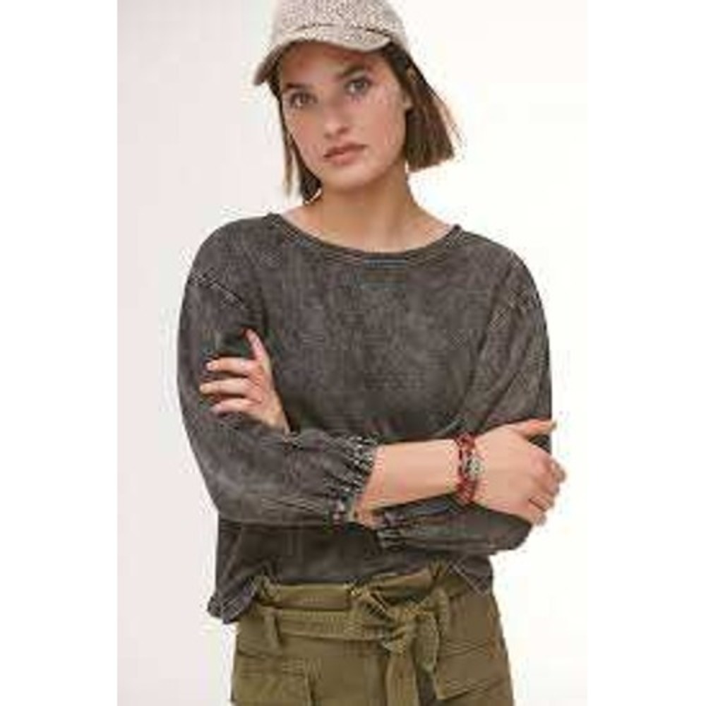 Pilcro Anthropologie Gray Acid Wash Ribbed Balloon Sleeve Top MEDIUM Boho Edgy